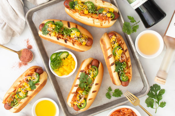 Kimchi, Mango & Jalapeño Hot Dogs | Entree, featured and more | Seasons Olive Oil & Vinegar Recipes 