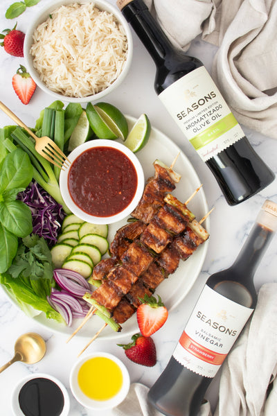 Strawberry & Basil Sweet Chili Pork Skewers | Entree and more | Seasons Olive Oil &amp; Vinegar Recipes blog