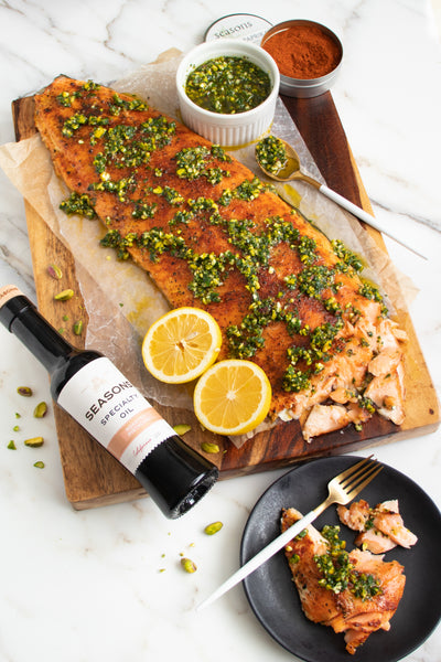 Cold Roast Salmon with Pistachio and Picual Sauce | Entree and more | Seasons Olive Oil & Vinegar Re
