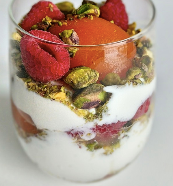 Balsamic Poached Apricot Parfaits with Yogurt and Pistachios