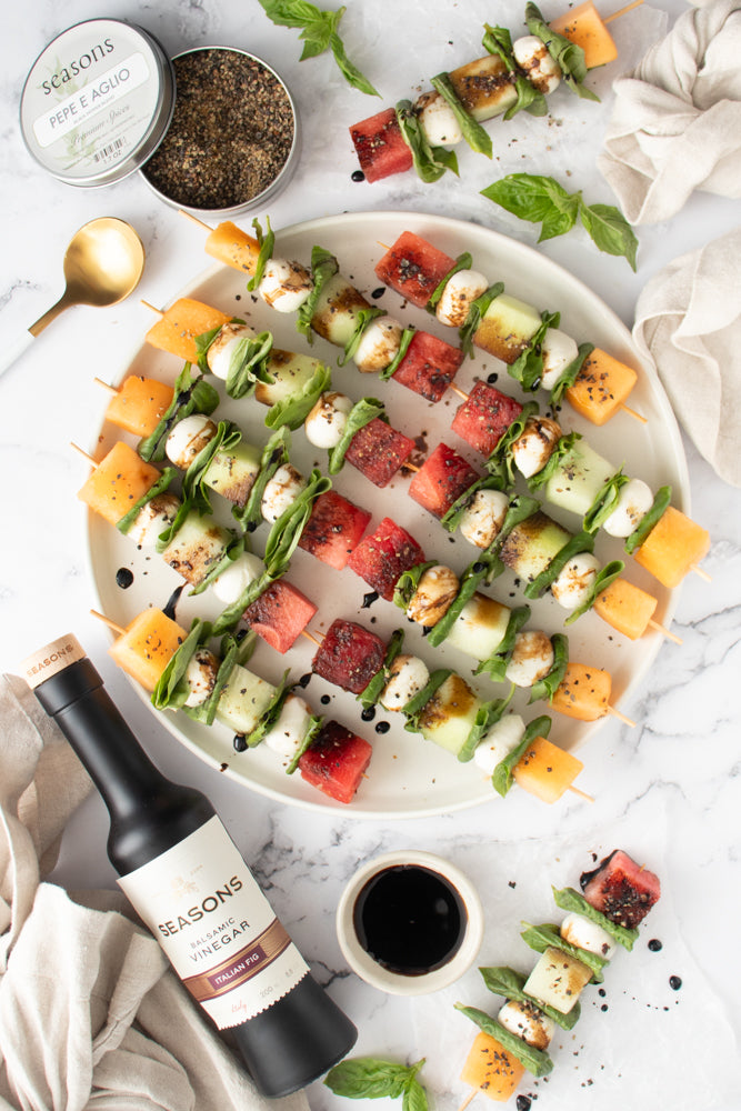 Mozzarella & Melon Skewers with Fig Balsamic