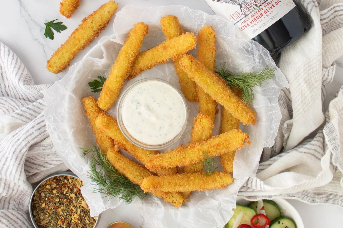 Seasons Taproom Fried Pickles with homemade dipping ranch on the side