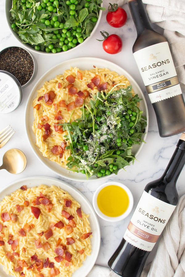 Orzotto Carbonara with Pea Salad