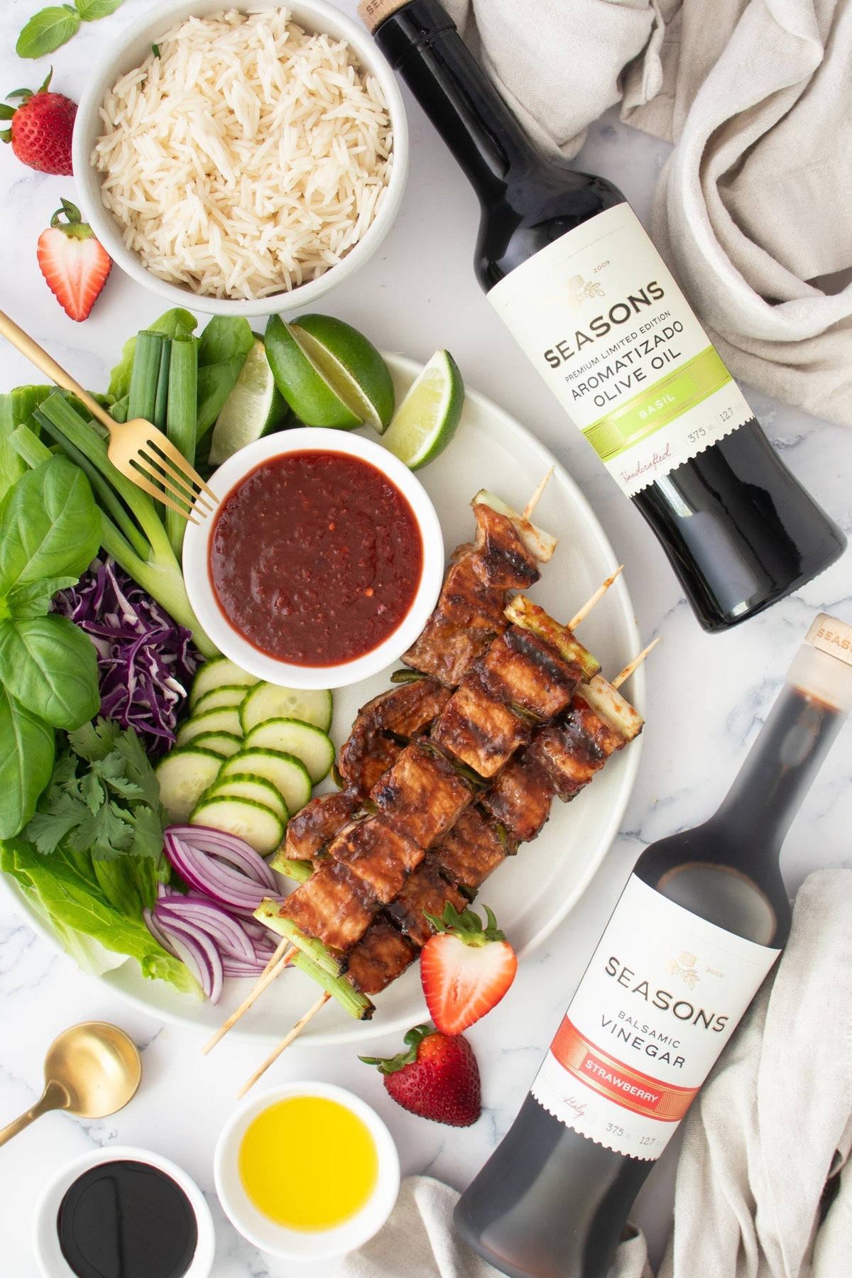 Strawberry & Basil Sweet Chili Pork Skewers