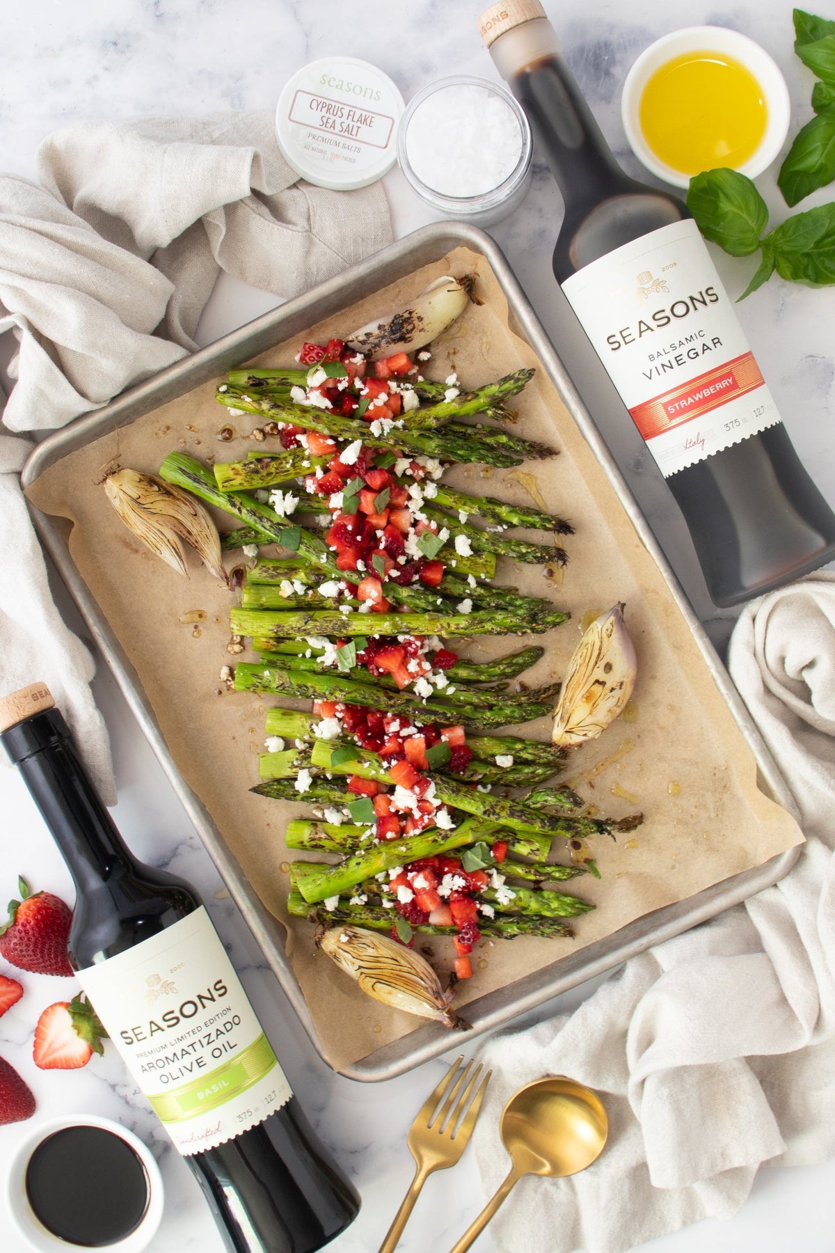 Blistered Balsamic Asparagus with Strawberry, Basil, & Feta Topping