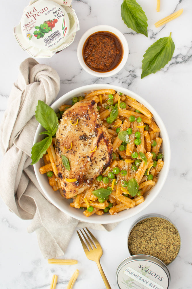 Creamy Red Pesto Pasta with Lemon Parmesan Chicken