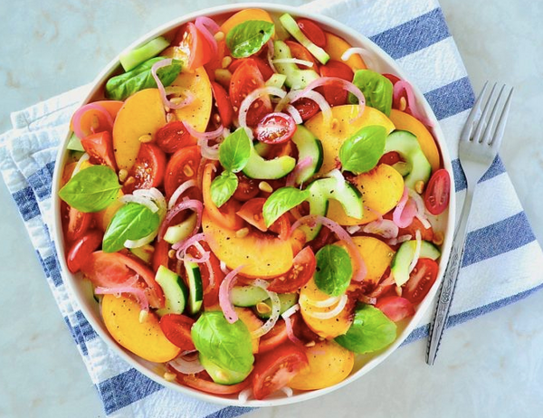 Tomato and Peach Salad with Seasons Chef's Selection Green Arbequina