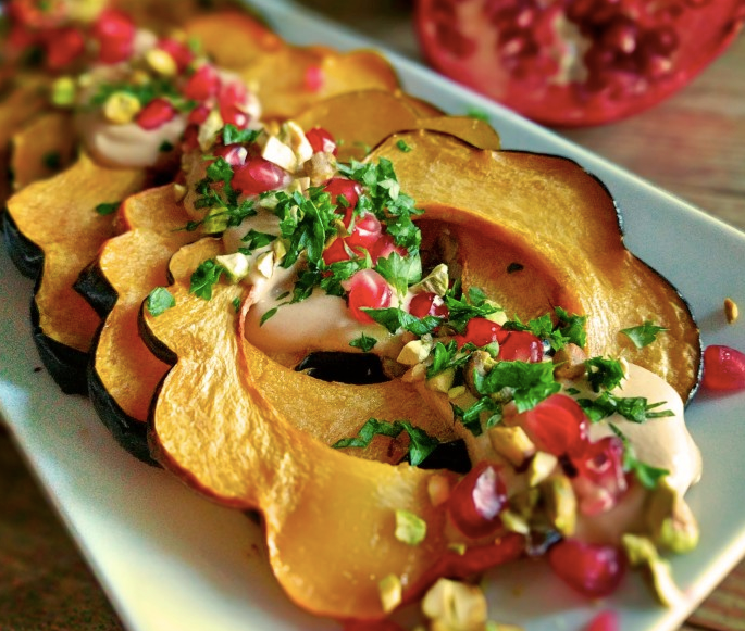 Roasted Acorn Squash with Pomegranate and Pistachios | Appetizer