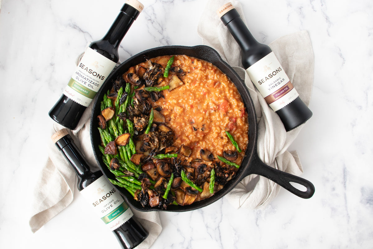 Tomato Risotto with Mushrooms and Asparagus