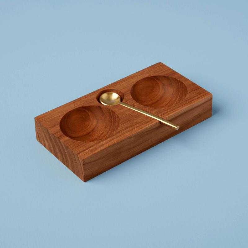 Seasons Olive Oil & Vinegar Teak Double Cellar with Gold Spoon